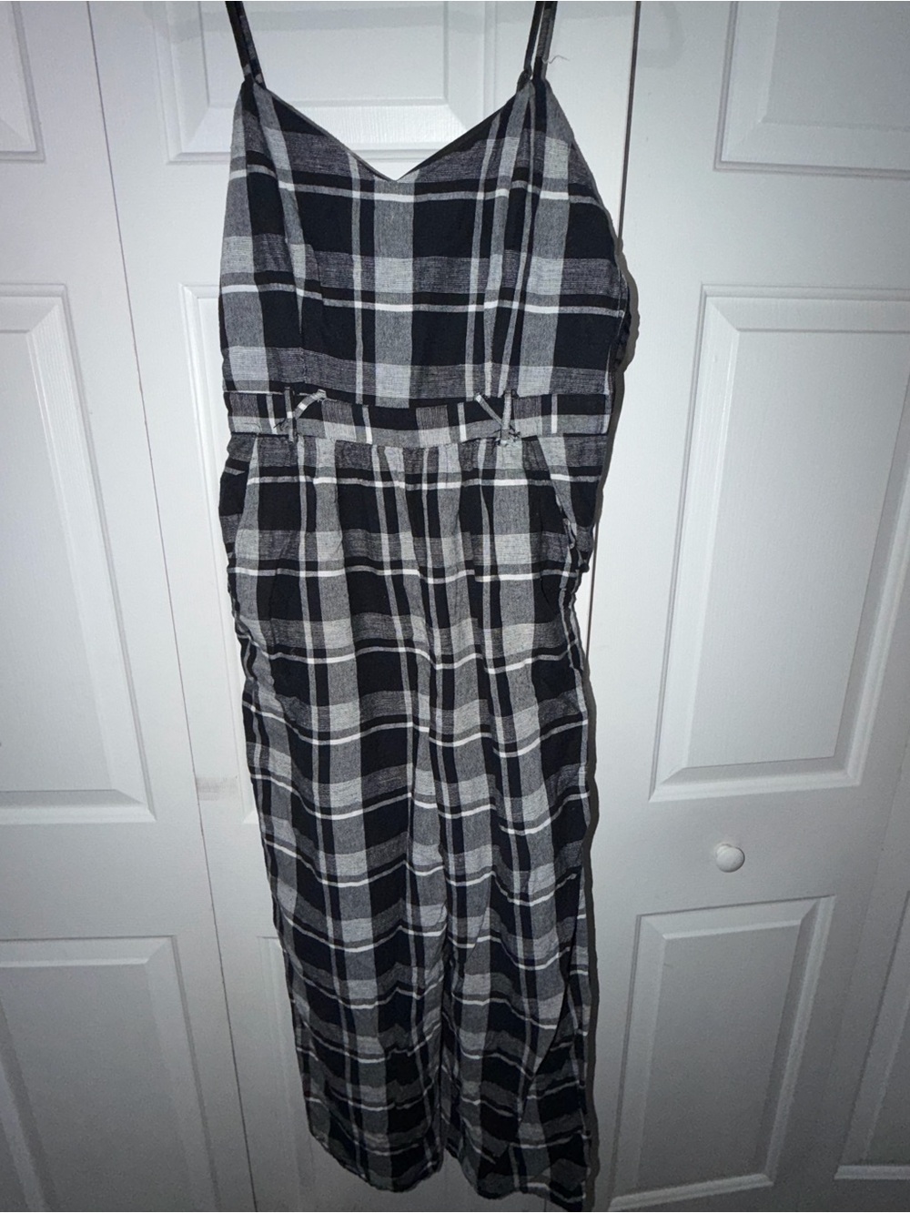 Plaid Spaghetti-Strap jumpsuit in Black and Gray